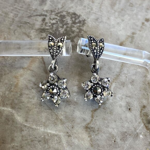 Sterling Silver 925 Cubic Zirconia & Marcasite Flower Dangle Stud Earrings - Picture 2 of 16